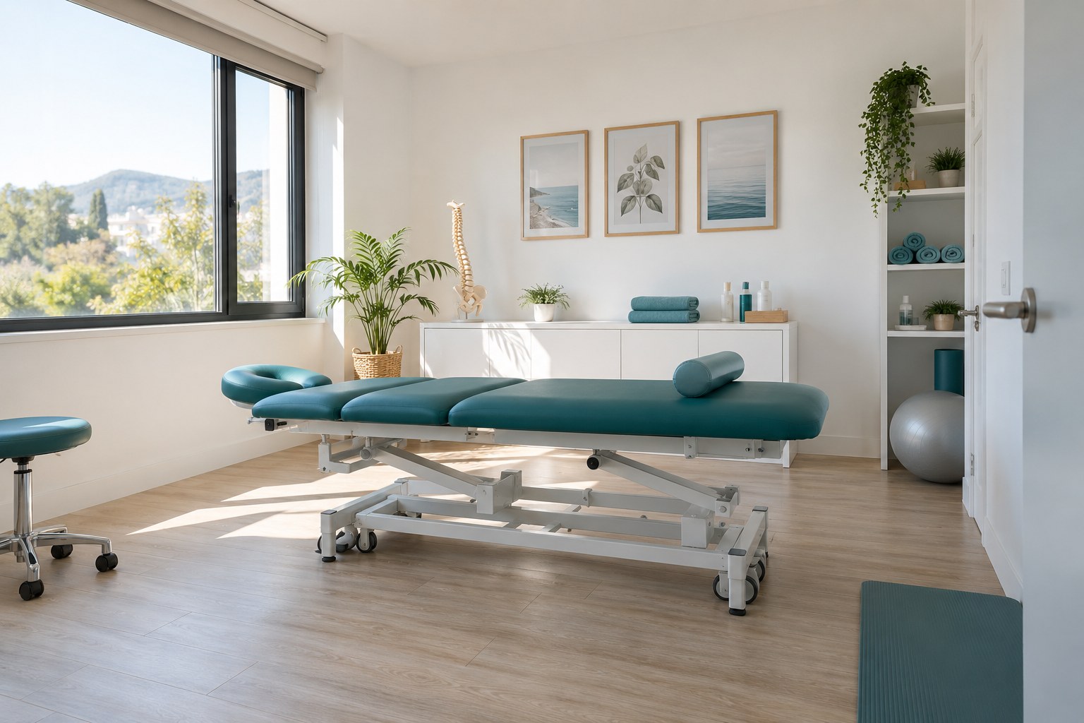 Imagen conceptual de una sala de fisioterapia luminosa con camilla